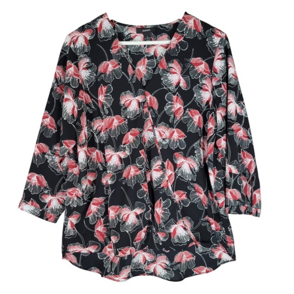 Alfani Floral Wrap Blouse Womens 12 Black Red  3/4 Sleeve‎ Top Career
